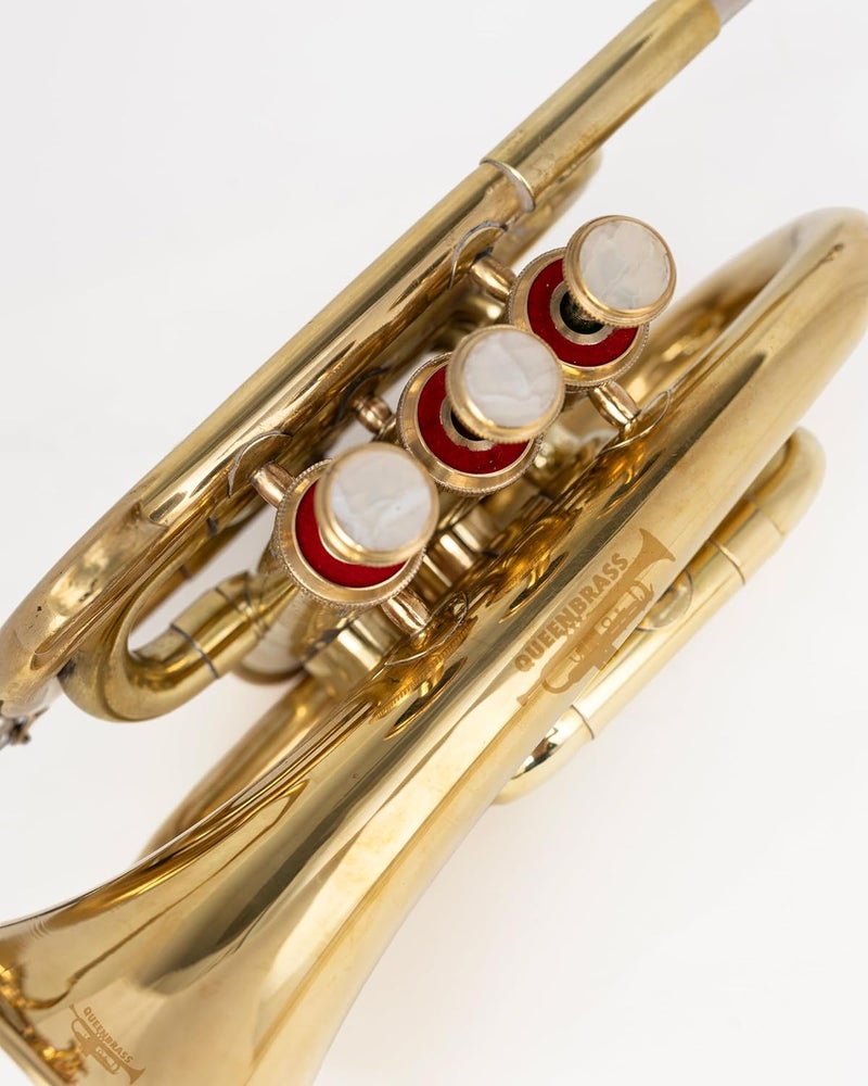 QUEENBRASS Pocket Trumpet in Bb Pitch – Full Brass Finish with Red Valve Accents | Compact Trumpet with Mouthpiece & Case for Beginners & Students - Image 3