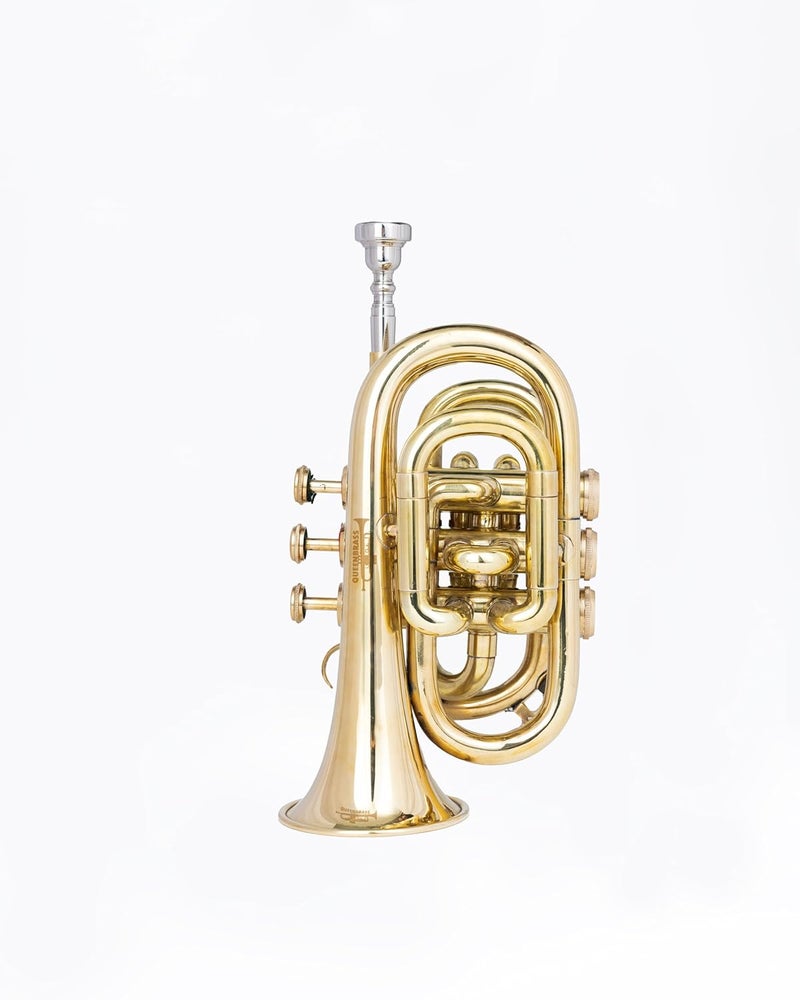 QUEENBRASS Pocket Trumpet in Bb Pitch – Full Brass Finish with Red Valve Accents | Compact Trumpet with Mouthpiece & Case for Beginners & Students - Image 1