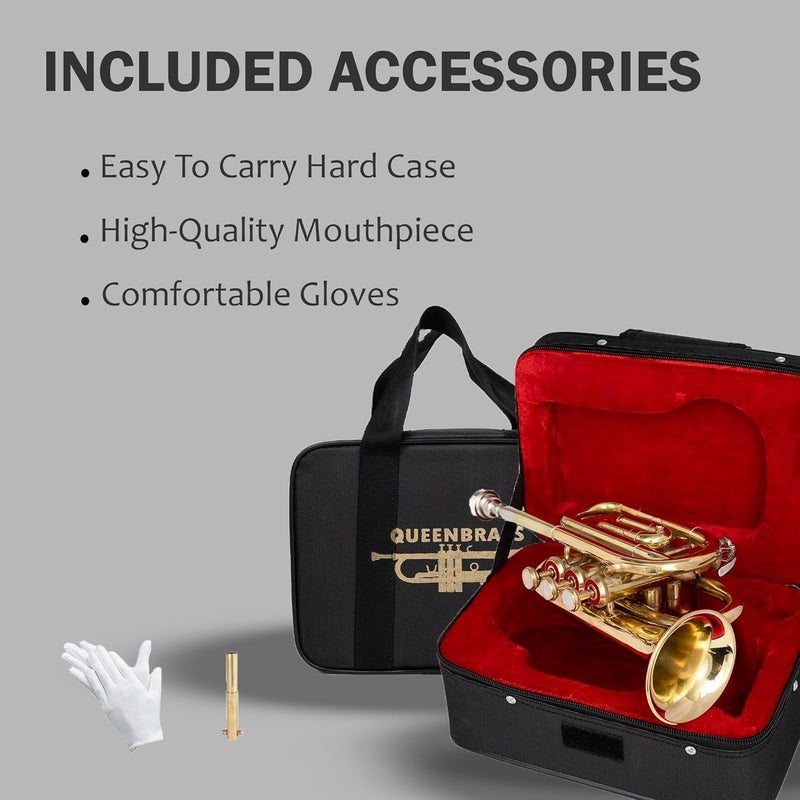 QUEENBRASS Pocket Trumpet in Bb Pitch – Full Brass Finish with Red Valve Accents | Compact Trumpet with Mouthpiece & Case for Beginners & Students - Image 5