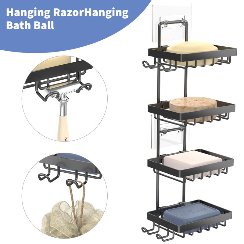 Moforoco 4 Tier Soap Bar Holder for Shower, No Drilling, 304 Stainless Steel, Wall Mounted Soap Holder with 4 Hooks and Razor Holder, Shower Rack Soap Tray Bar Soap for Bathroom Accessories Organizer - Image 3
