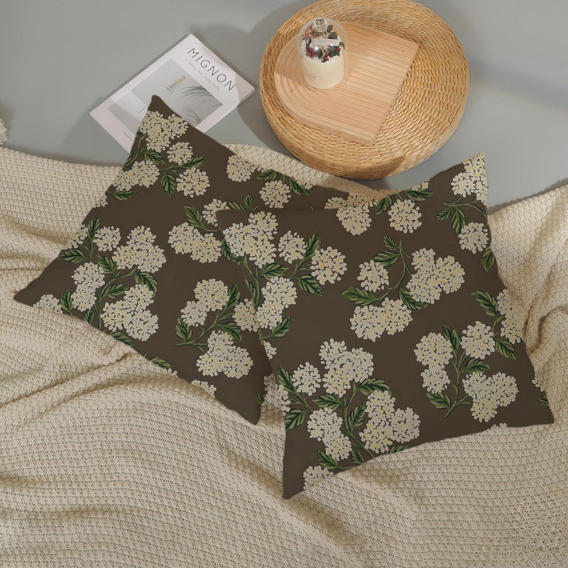 DAFENA Brown Spring Pillow Covers 18x18 Inch 2 Pcs Green Yellow Hydrangea Flower Decor Throw Pillows Vintage Floral Seasonal Summer Outdoor Decoration Pillowcase Linen Cushion Cover for Couch Sofa - Image 5