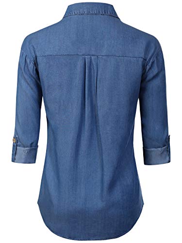 MixMatchy Women's Casual Basic Roll Up Sleeve Denim Chambray V-Neck Tencel Button Down Shirt Medium Denim 1XL - Image 3