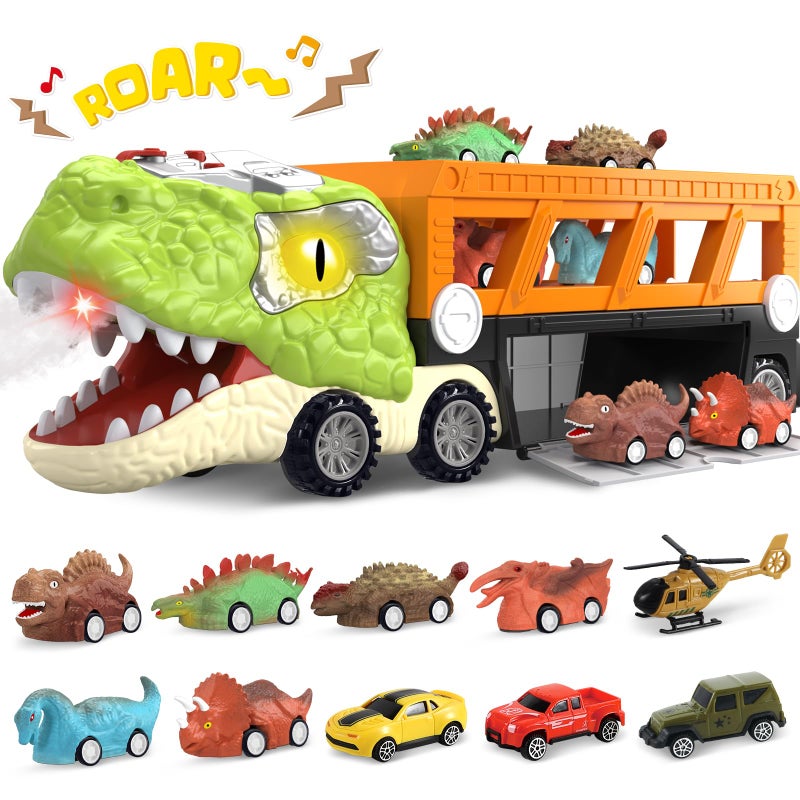 spring flower SpringFlower 11 in 1 Dinosaur Toys Dinosaur Toys for Kids 35 Dinosaur Truck with 10 Pull Back Cars Toddler Boy Toys Age 3 4 5 Boy Birthday Gifts with Sounds Lights Spray - Image 3