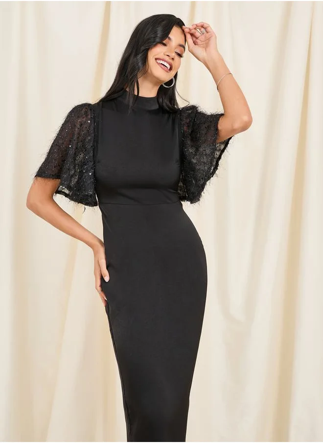 ستايلي Tassel Sequin Sleeves High Neck Bodycon Midi Dress