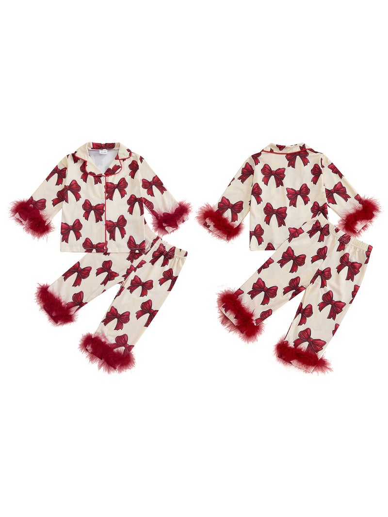 Kids Girls Pajamas Set, Furry Patchwork Bow Print Long Sleeve Tops with Elastic Waist Pants Sleepwear - Image 2