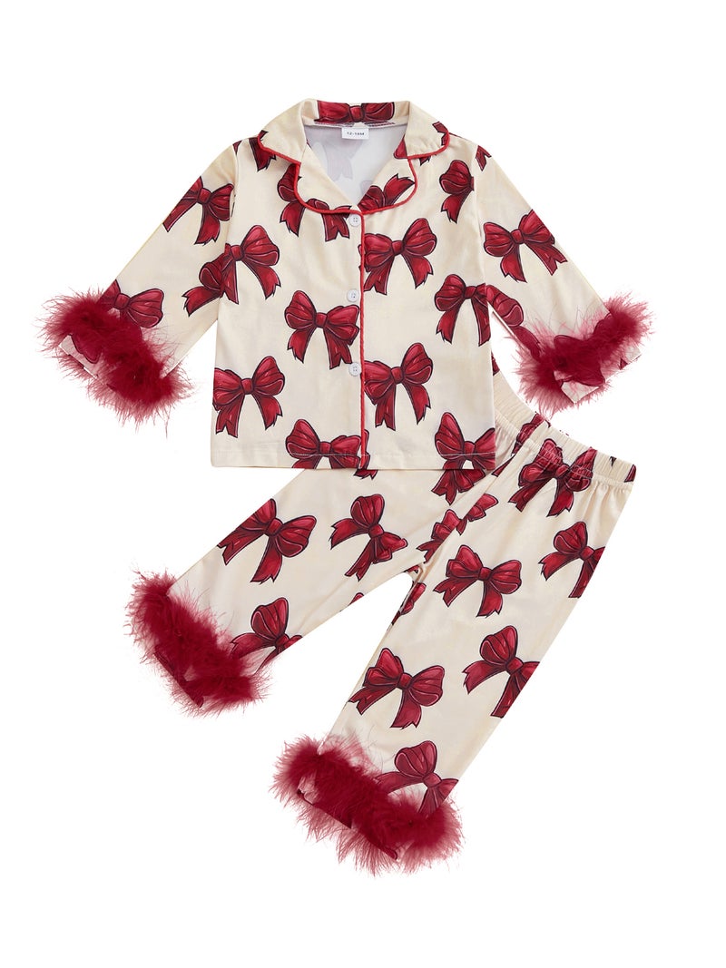 Kids Girls Pajamas Set, Furry Patchwork Bow Print Long Sleeve Tops with Elastic Waist Pants Sleepwear - Image 1