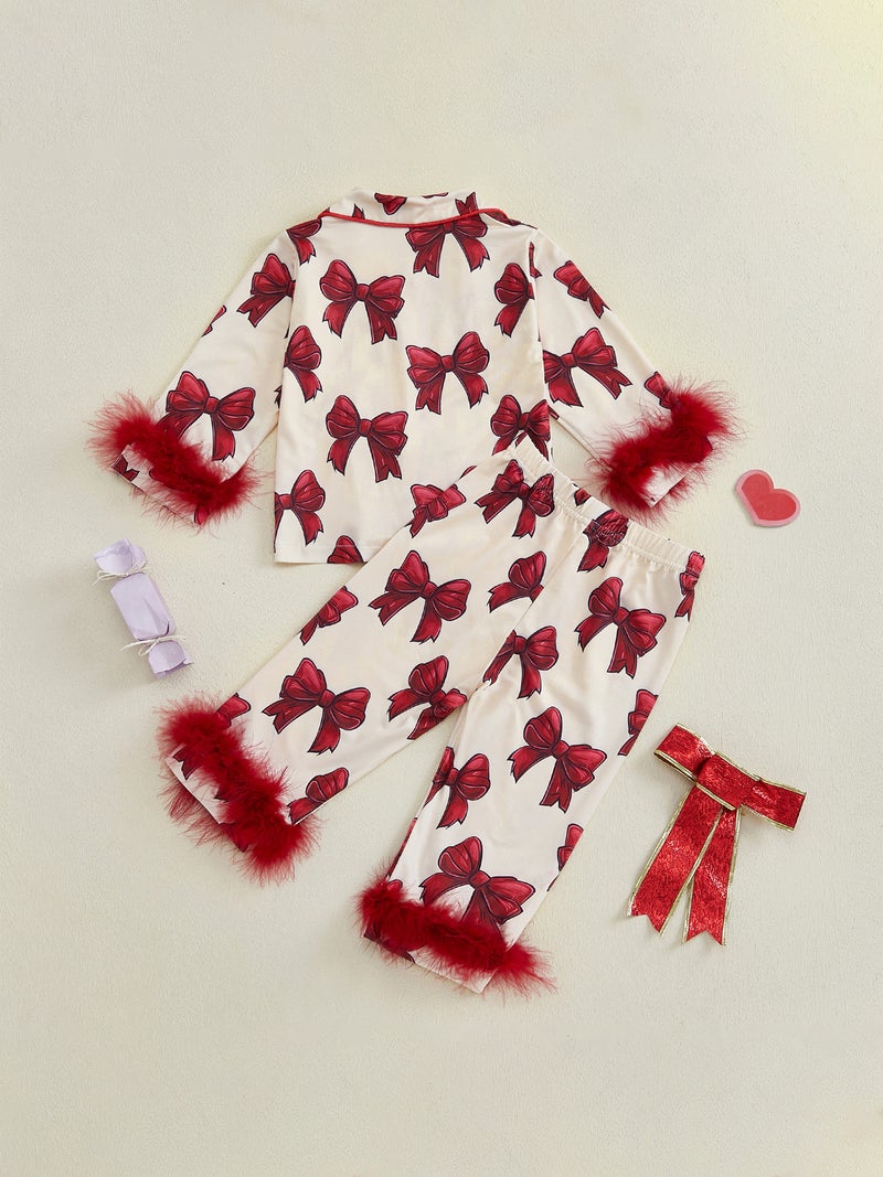 Kids Girls Pajamas Set, Furry Patchwork Bow Print Long Sleeve Tops with Elastic Waist Pants Sleepwear - Image 4