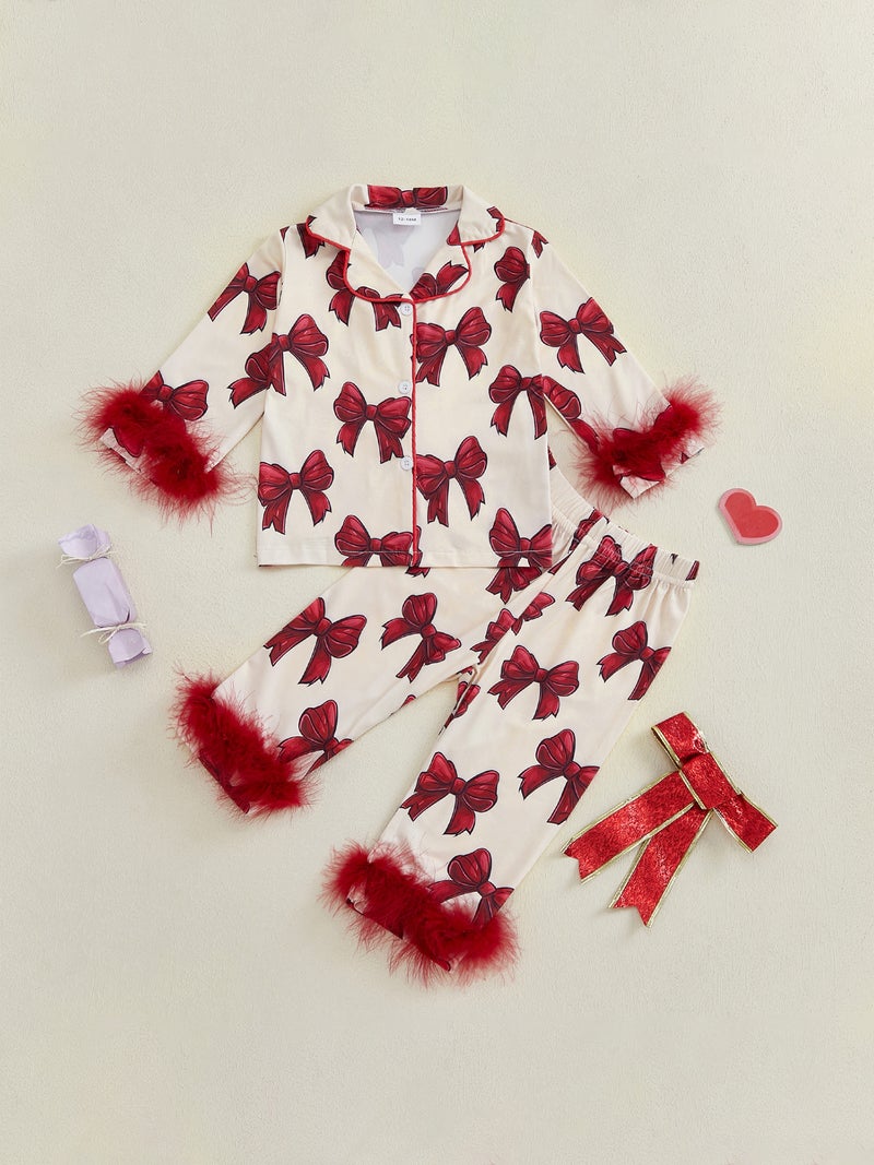 Kids Girls Pajamas Set, Furry Patchwork Bow Print Long Sleeve Tops with Elastic Waist Pants Sleepwear - Image 3