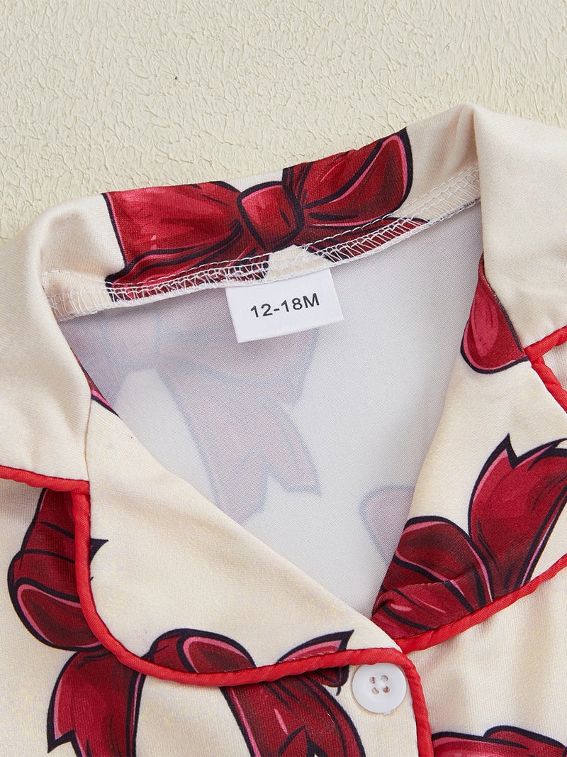 Kids Girls Pajamas Set, Furry Patchwork Bow Print Long Sleeve Tops with Elastic Waist Pants Sleepwear - Image 5