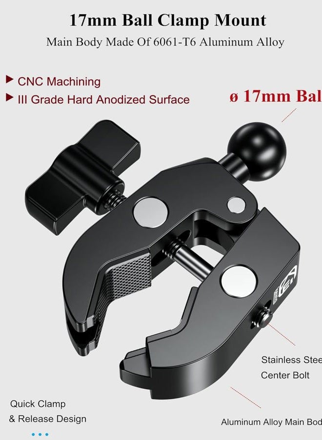 BRCOVAN Aluminum Alloy Handlebar Clamp Mount Base with 17mm TPU Ball for Rails 0.5'' to 2'' in Diameter, Only Fit for Bike Motorcycle Phone Mount Holder with 17mm Ball Socket & Double Socket Arm - Image 2