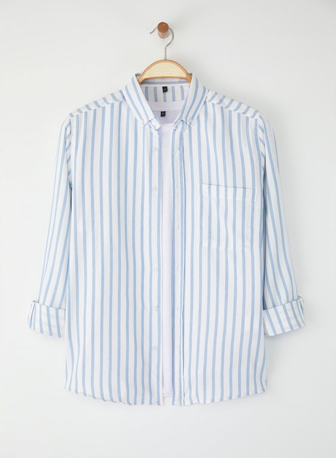 trendyol Grey-Blue Regular Fit Striped Oxford Easy Iron Men's Shirt - Image 2