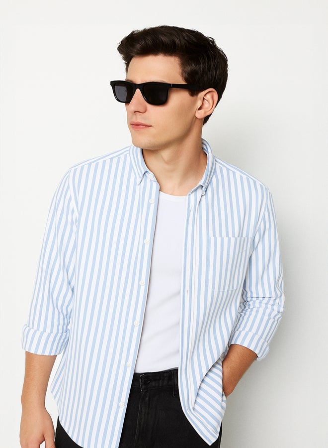 trendyol Grey-Blue Regular Fit Striped Oxford Easy Iron Men's Shirt - Image 1