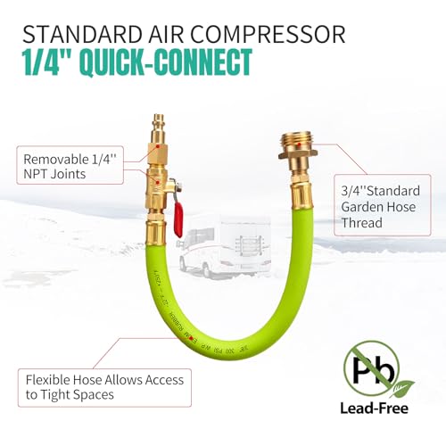 Minimprover Lead -Free Brass 16.9" Winterize Sprinkler System RV Motorhome Boat Camper and Travel Trailer: Air Comp Quick-Connect Plug To 3/4" Garden Hose Faucet Blow Out Adapter Fitting with Valve - Image 5