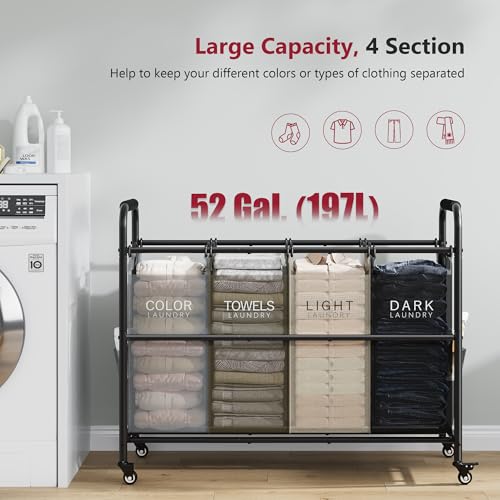 Tajsoon 4 Bag Laundry Sorter Cart, 4 Section Laundry Hamper Sorter with Heavy Duty Lockable Rolling Wheels, Laundry Separator Hamper with Removable Bags for Dirty Clothes Storage, 4 Colors - Image 4
