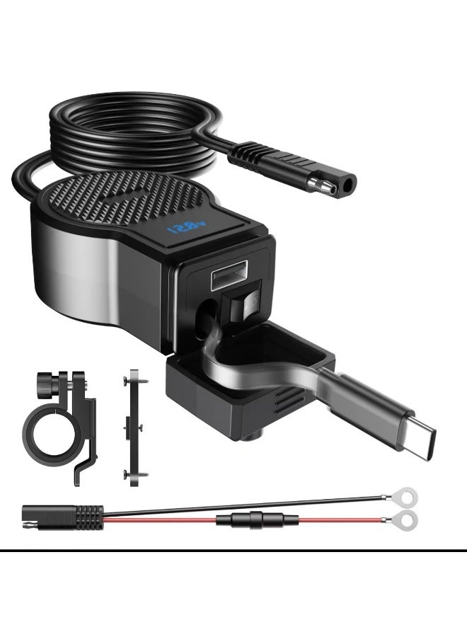 New PD QC4.0 Motorcycle USB Super Fast Phone Charger Waterproof with Retractable Type-C Cable Cellphone Voltmeter Digital Charge - Image 1