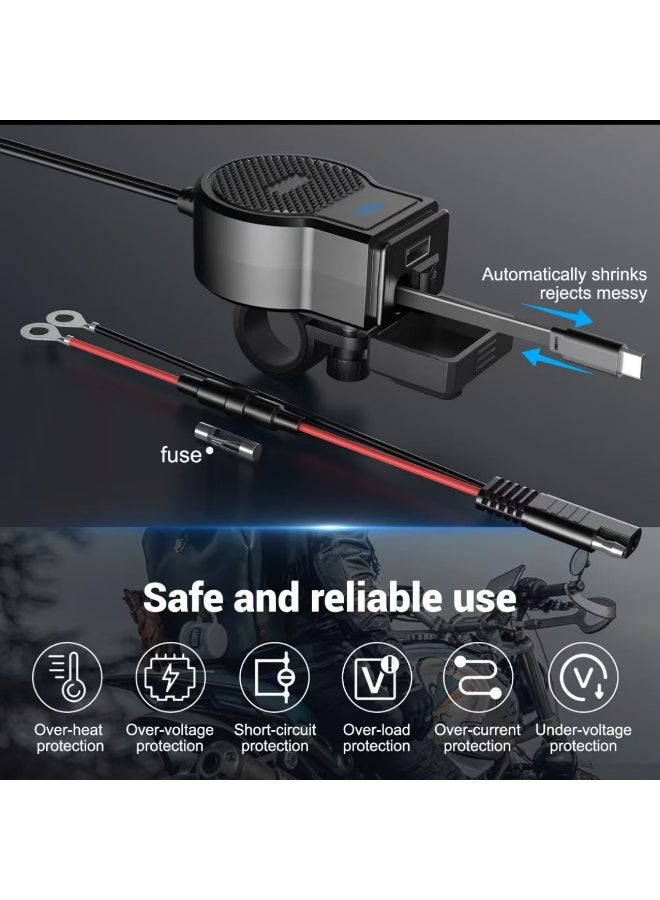 New PD QC4.0 Motorcycle USB Super Fast Phone Charger Waterproof with Retractable Type-C Cable Cellphone Voltmeter Digital Charge - Image 4