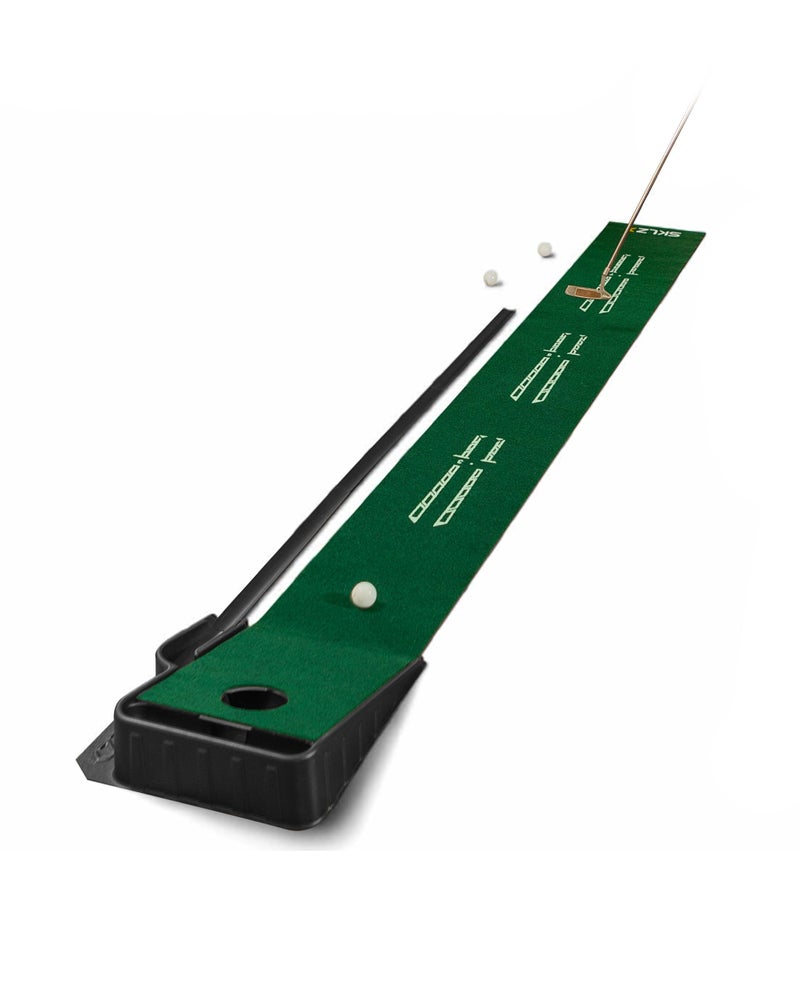 SKLZ ACCELERATOR PRO - Indoor Golf Putting Mat with Auto-Ball Return & Behind-the-Hole Ball Collector - Putter Alignment Guides at 3, 5 & 7 Feet - Rubber-Backed Mat Provides Multi-Surface Stability - Image 1