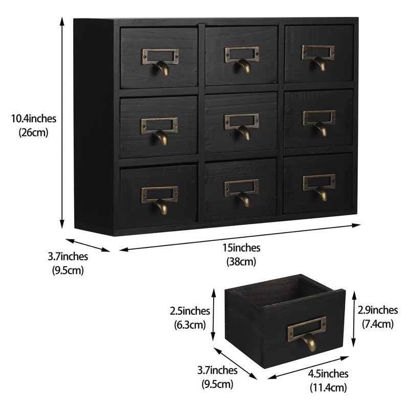 PACKGILO 09 Drawers Apothecary Cabinet with Drawers Tabletop Apothecary Chests and Cabinets Library Card Catalog Cabinet Herb Storage Box Wooden Desk Drawer Organizer Medicine Vintage Furniture(BLACK) - Image 3