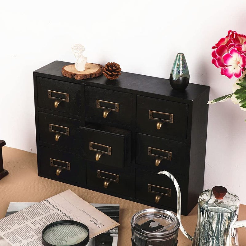 PACKGILO 09 Drawers Apothecary Cabinet with Drawers Tabletop Apothecary Chests and Cabinets Library Card Catalog Cabinet Herb Storage Box Wooden Desk Drawer Organizer Medicine Vintage Furniture(BLACK) - Image 4