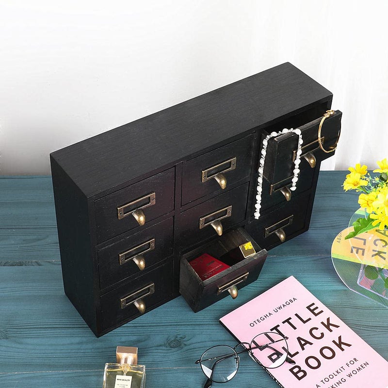 PACKGILO 09 Drawers Apothecary Cabinet with Drawers Tabletop Apothecary Chests and Cabinets Library Card Catalog Cabinet Herb Storage Box Wooden Desk Drawer Organizer Medicine Vintage Furniture(BLACK) - Image 5