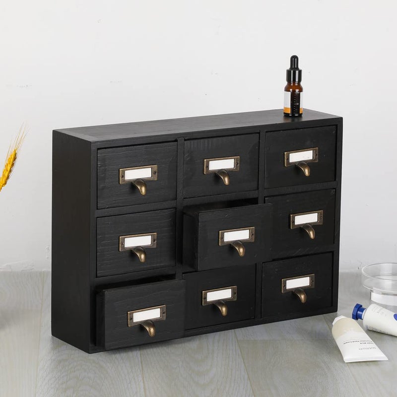 PACKGILO 09 Drawers Apothecary Cabinet with Drawers Tabletop Apothecary Chests and Cabinets Library Card Catalog Cabinet Herb Storage Box Wooden Desk Drawer Organizer Medicine Vintage Furniture(BLACK) - Image 2