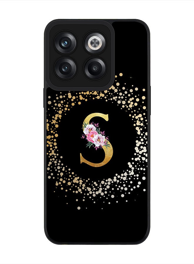 Stylizedd حافظة حواف سوداء متينة لهاتف OnePlus 10T، غطاء رفيع بحواف مطاطية - حرف مونوغرام مخصص بنمط زهور - S (أسود) - Image 1