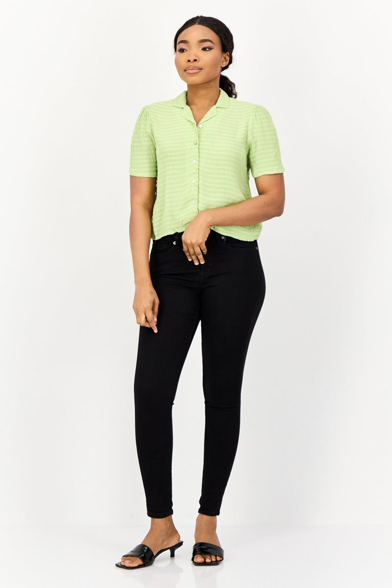 ONLY Women Notched Collar Short Sleeves Textured Top, Light Green  - Image 2