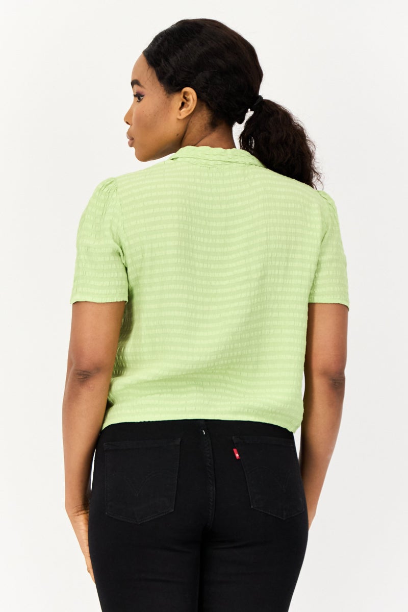 ONLY Women Notched Collar Short Sleeves Textured Top, Light Green  - Image 4