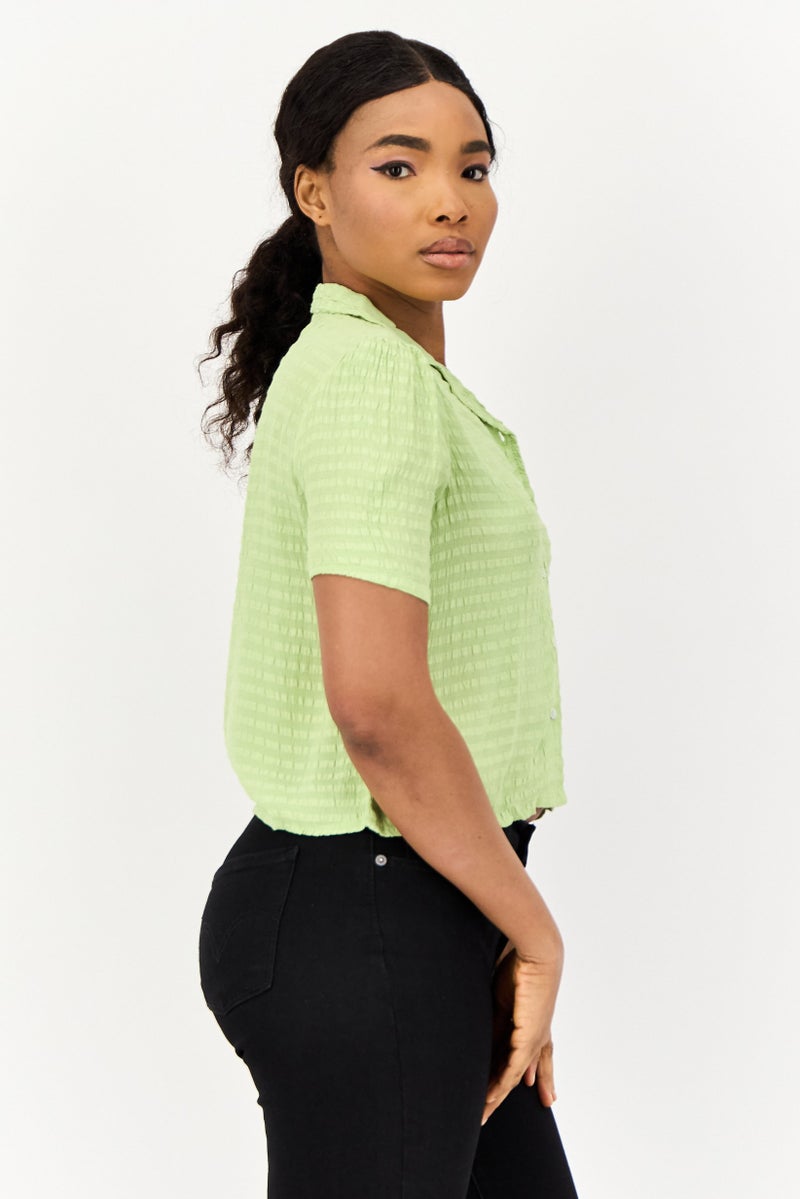 ONLY Women Notched Collar Short Sleeves Textured Top, Light Green  - Image 3