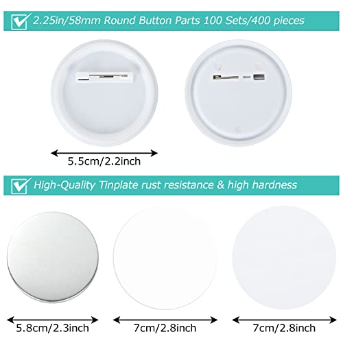 LISHINE 400 Pcs 58mm225in Button Maker Supplies Round Badge Button Parts Includes Plastic Metal Covers Clear Film Blank Paper - Image 3