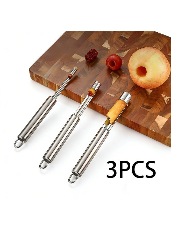Corer and Pitter Set of 3, Multi-Function Corer and Pitter Remover Set, Stainless Steel Core Remover Tool for Apple, Pear, Cherry, Jujube, Red Dates or More with Sharp Serrated Blade - Image 1