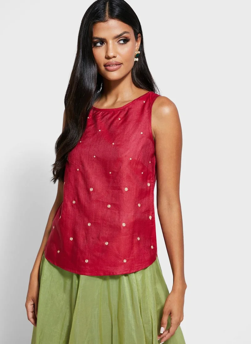 Fabindia Printed Crew Neck Crop Top