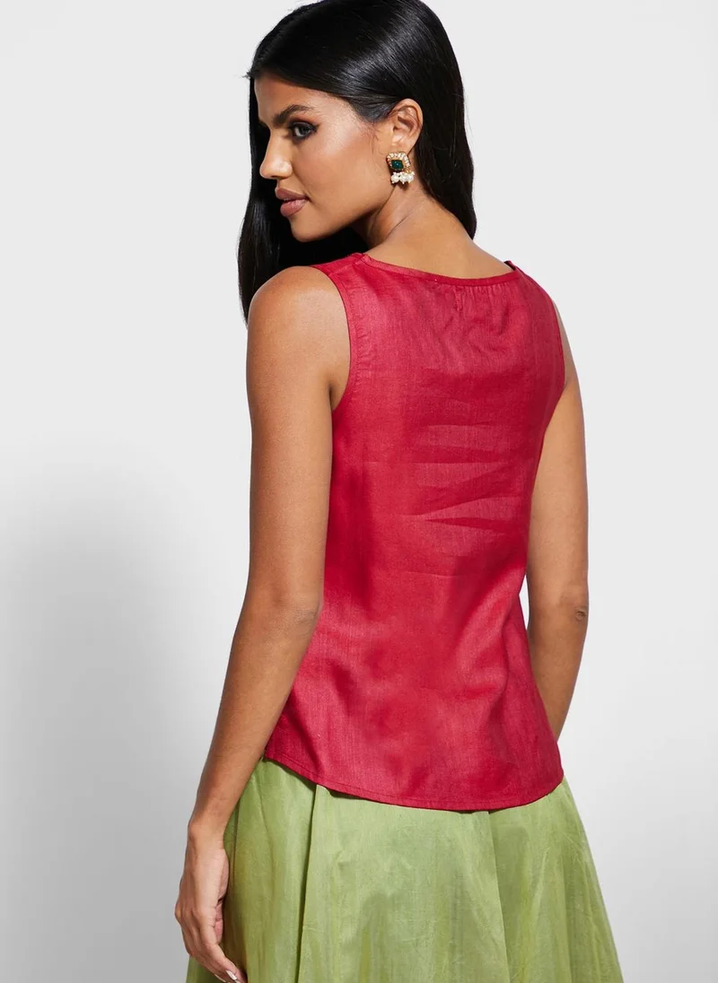 Fabindia Printed Crew Neck Crop Top