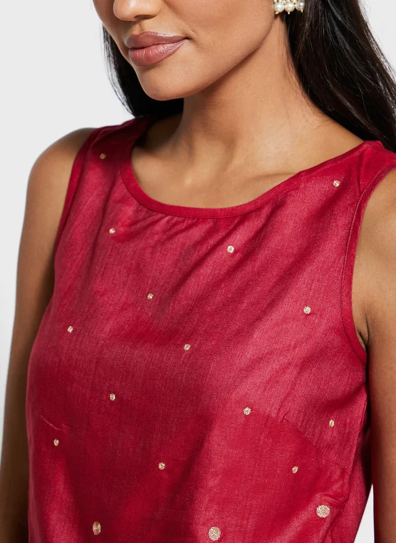 Fabindia Printed Crew Neck Crop Top