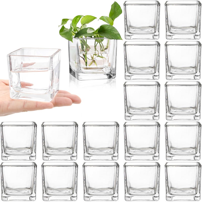 ZEAYEA Set of 18 Small Square Glass Vase 24 x 24 Clear Cube Vase for Wedding Centerpieces Home Party Decoration Square Glass Votive Candle Holder
