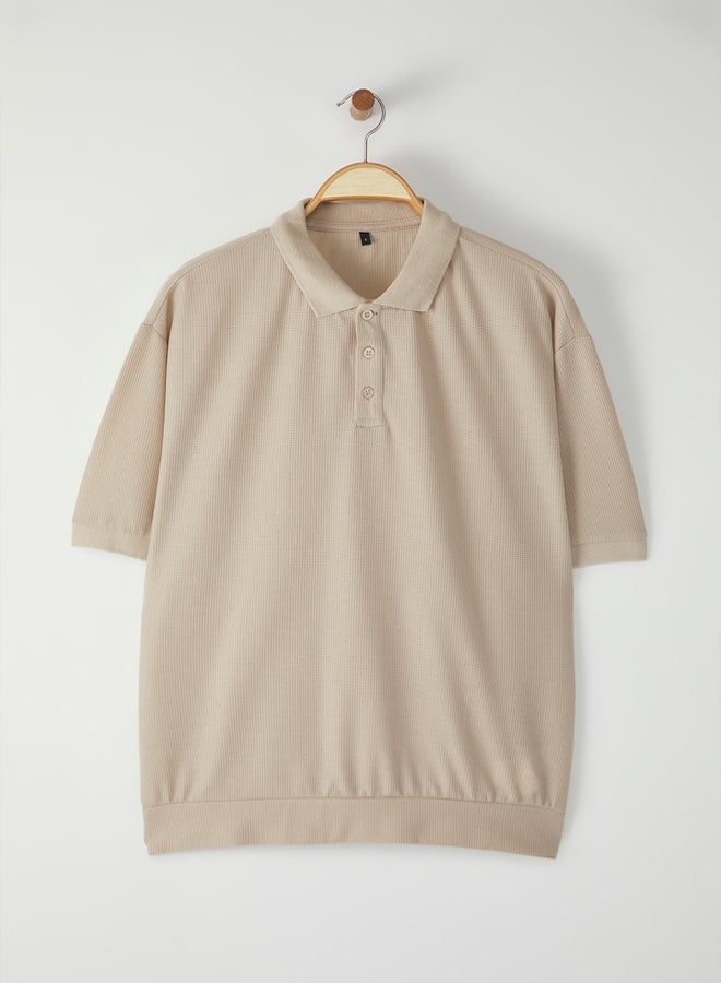 trendyol stone Oversize/Wide Cut Textured Polo Neck T-shirt - Image 1