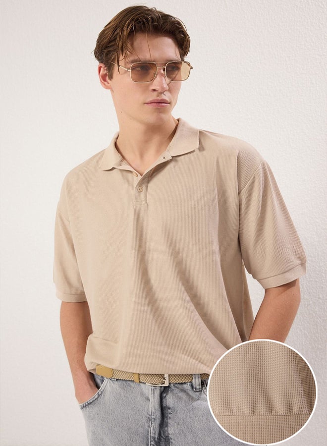 trendyol stone Oversize/Wide Cut Textured Polo Neck T-shirt - Image 2