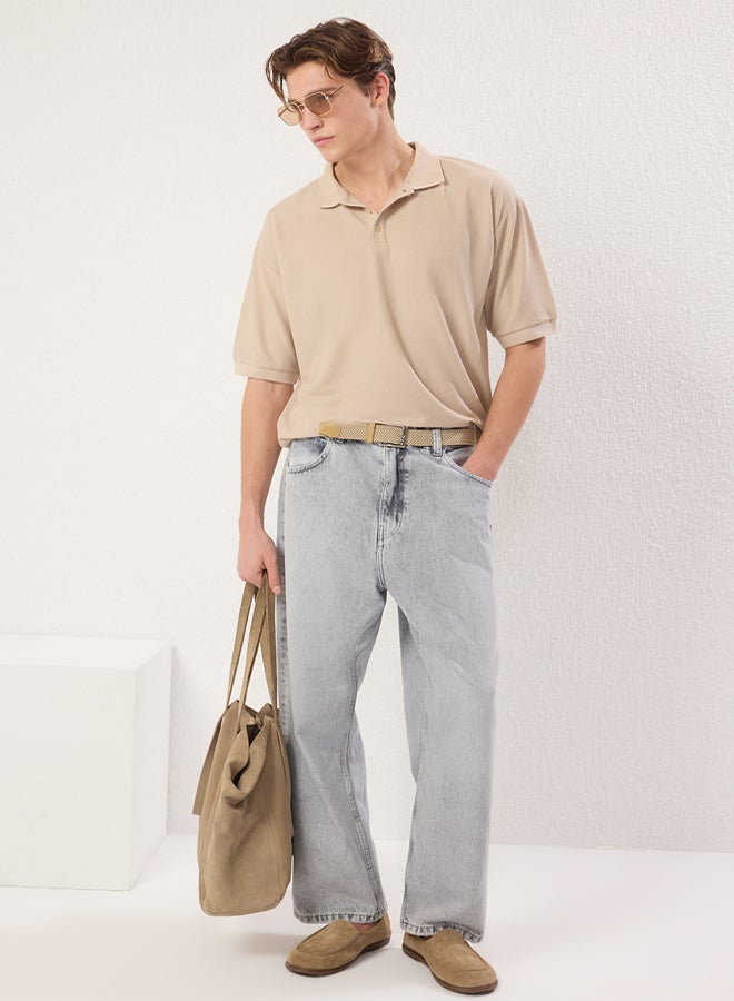 trendyol stone Oversize/Wide Cut Textured Polo Neck T-shirt - Image 5