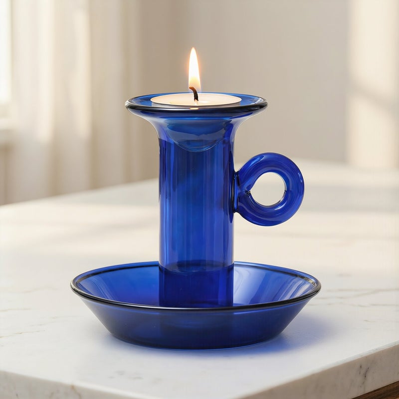 Stylish Cobalt Blue Glass Candle Holder 8.5cm Ideal Gift for Housewarming - Image 4