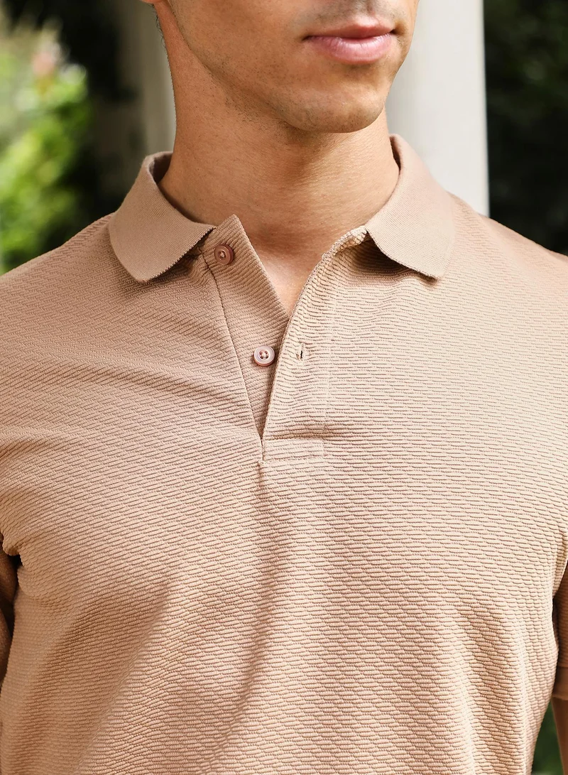 CAHOOT  Men's Khaki Beige Slanted-Jacquard Knit Polo T-Shirt for Men | Best Price UAE