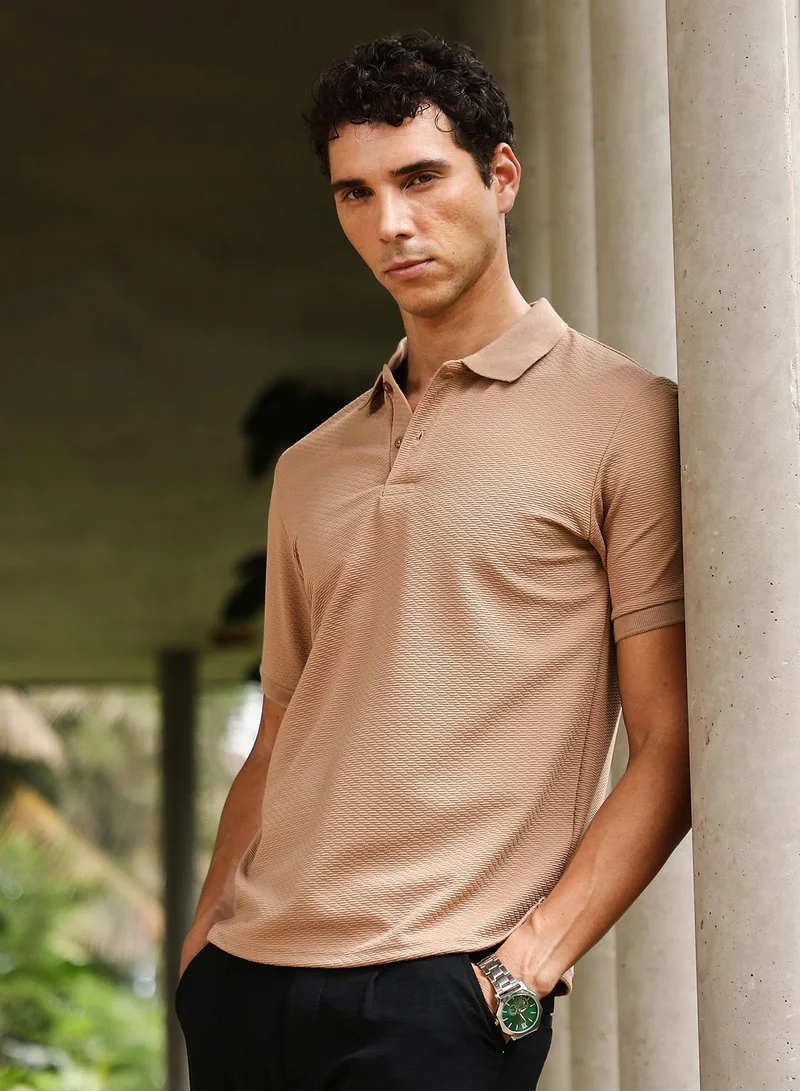 CAHOOT  Men's Khaki Beige Slanted-Jacquard Knit Polo T-Shirt for Men | Best Price UAE