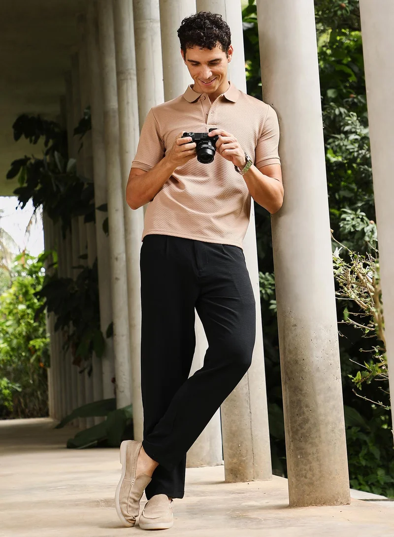CAHOOT  Men's Khaki Beige Slanted-Jacquard Knit Polo T-Shirt for Men | Best Price UAE