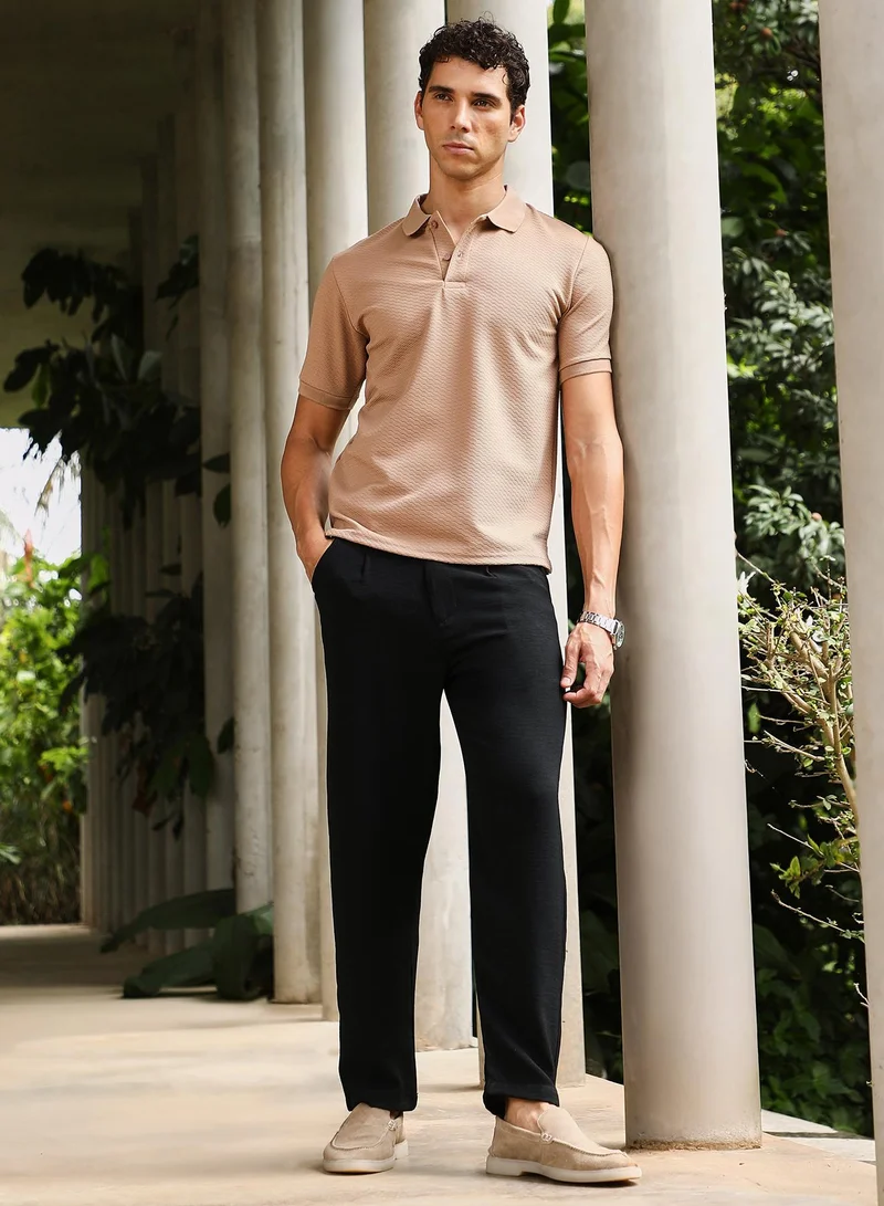 CAHOOT  Men's Khaki Beige Slanted-Jacquard Knit Polo T-Shirt for Men | Best Price UAE