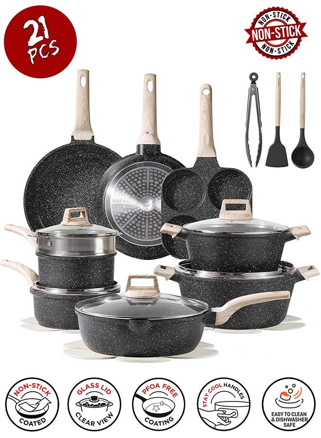 Taizz Ventures 21-Piece Nonstick Cookware Set, White Granite Induction Pots and Pans Set | Durable Nonstick Cooking Set with Frying Pans, Saucepans, Black  - Image 1