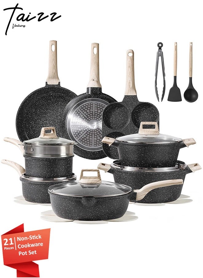 Taizz Ventures - 21-Piece Nonstick Cookware Set, White Granite Induction Pots and Pans Set | Durable Nonstick Cooking Set with Frying Pans, Saucepans, Black - Image 1