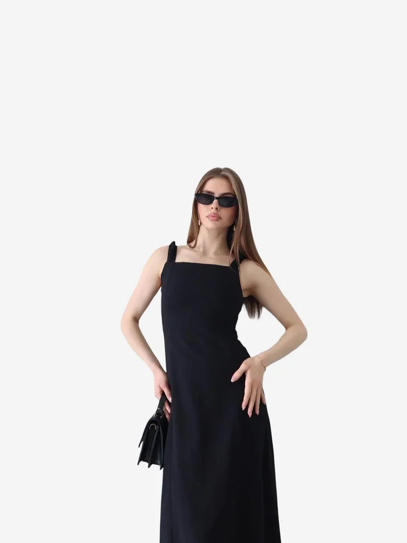 My Fashion Black MY FASHION Maxi Dress with Square Collar and Tie Detail for Women | Best Price UAE
