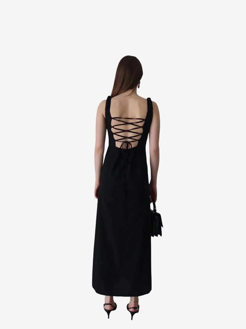 ماي فاشن MY FASHION Maxi Dress with Square Collar and Tie Detail