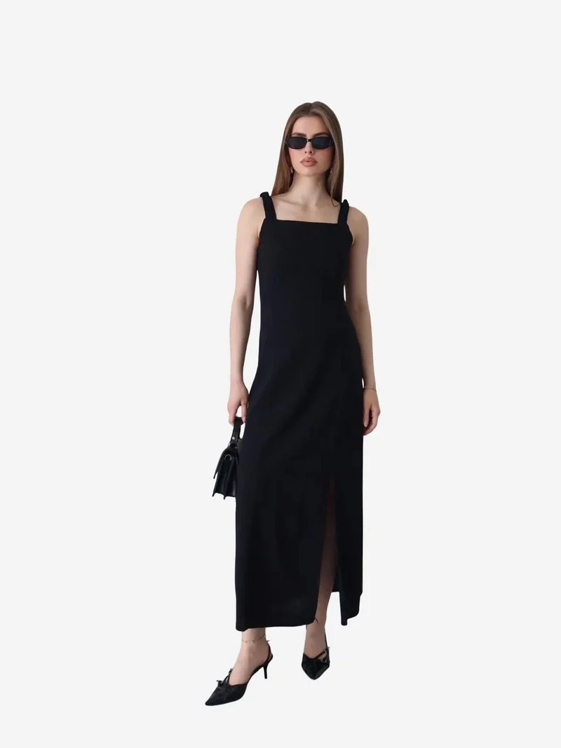 My Fashion Black MY FASHION Maxi Dress with Square Collar and Tie Detail for Women | Best Price UAE