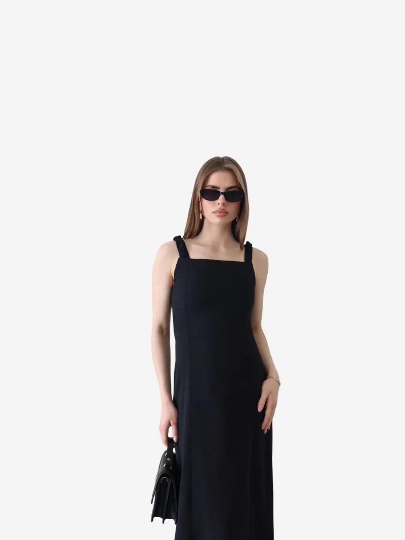 ماي فاشن MY FASHION Maxi Dress with Square Collar and Tie Detail