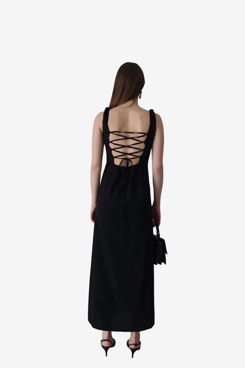 My Fashion MY FASHION Maxi Dress with Square Collar and Tie Detail